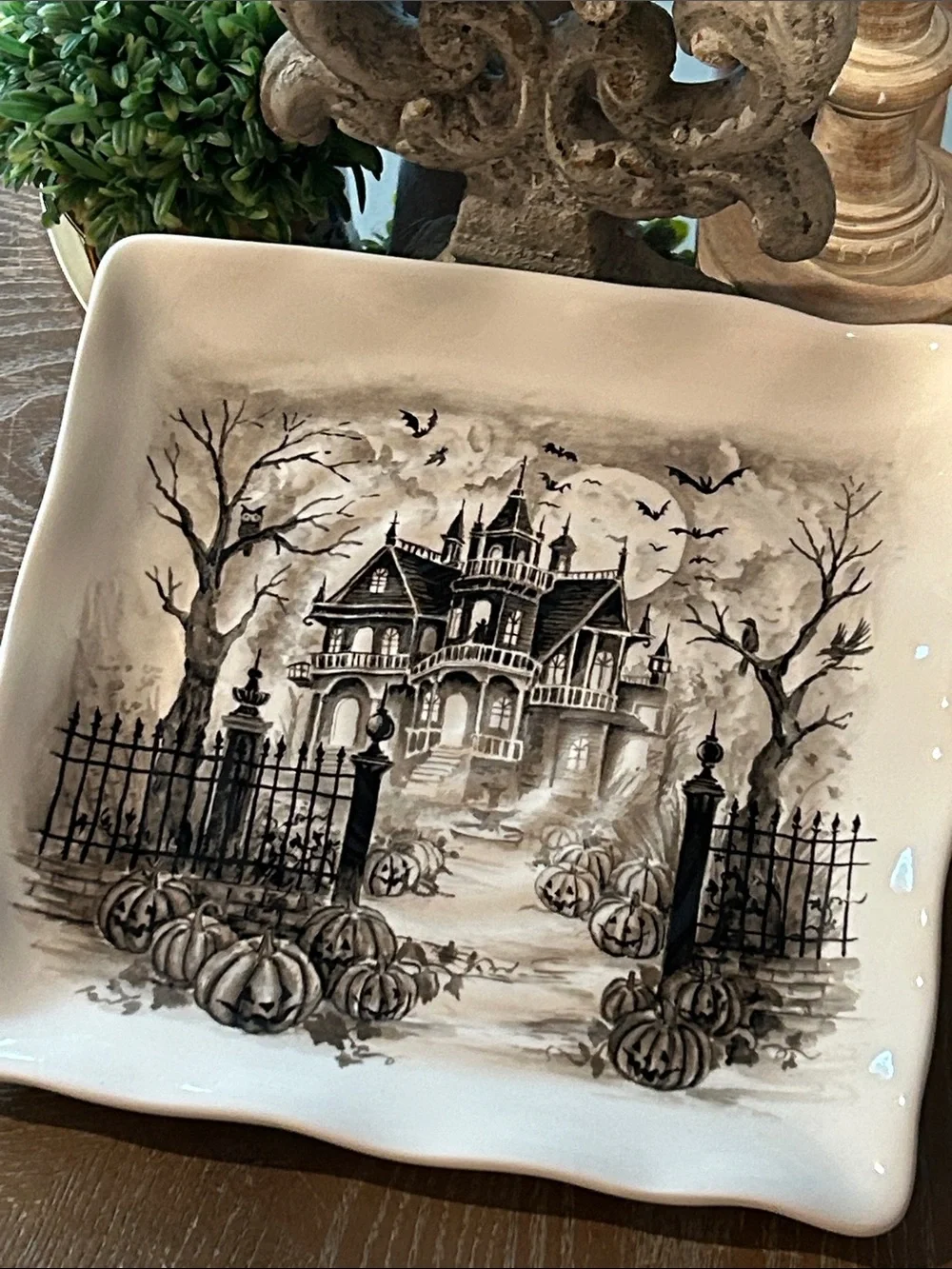 NEW! Vintage Inspired Ceramic Halloween Haunted House Manor Serving Platter